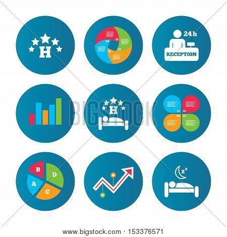 Business pie chart. Growth curve. Presentation buttons. Five stars hotel icons. Travel rest place symbols. Human sleep in bed sign. Hotel 24 hours registration or reception. Data analysis. Vector