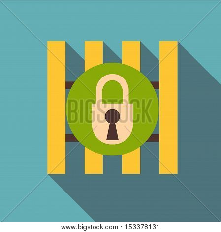Iron bars door with padlock icon. Flat illustration of iron bars door with padlock vector icon for web isolated on baby blue background