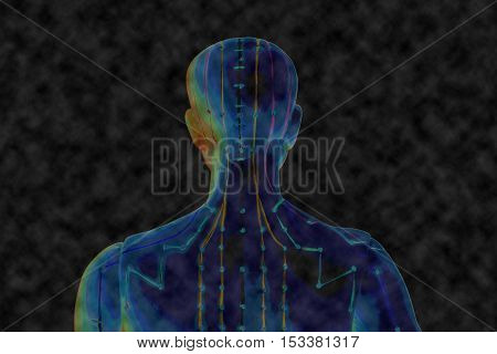 Medical acupuncture model of human on black background