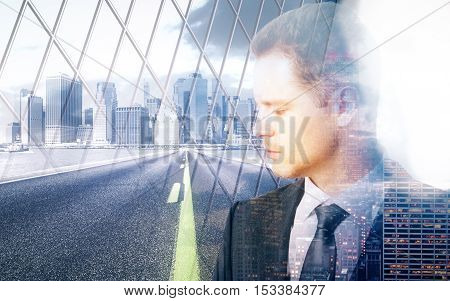 Sad pensive businessman behind iron wire mesh on city background. Freedom concept