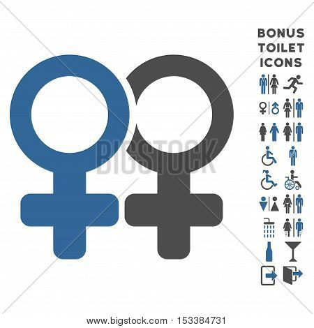 Lesbi Pair icon and bonus male and female restroom symbols. Vector illustration style is flat iconic bicolor symbols, cobalt and gray colors, white background.