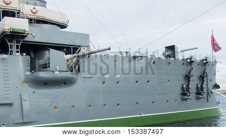 Saint Petersburg Russia September 10 2016: The side cannon of the cruiser Avrora in Saint-Petersburg Russia