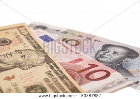 American dollars European euro and Chinese yuan bills