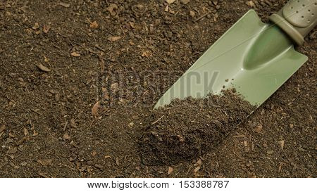 Agriculture and soil concept : close up organic soil on green shovel ready for plant a tree