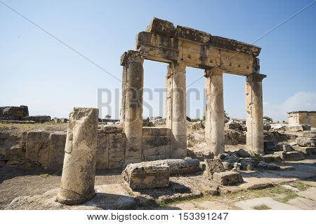 Hierapolis City Ruins. The ruins of the ancient city of Hierapolis is located adjacent to the hot springs of Pamukkale in Turkey. The site is a UNESCO world heritage site.