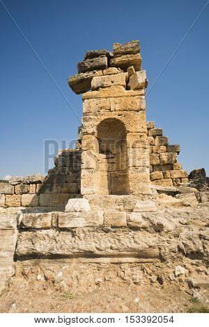 Hierapolis City Ruins. The ruins of the ancient city of Hierapolis is located adjacent to the hot springs of Pamukkale in Turkey. The site is a UNESCO world heritage site.
