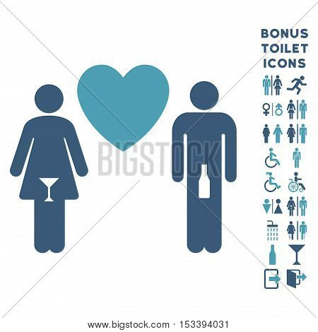 Drunky Love Pair icon and bonus man and female restroom symbols. Vector illustration style is flat iconic bicolor symbols, cyan and blue colors, white background.