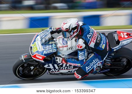 MELBOURNE AUSTRALIA – OCTOBER 23: Loris Baz (FRA) riding the #76 Avintia Racing's Ducati during the 2016 Michelin Australian Motorcycle Grand Prix at 2106 Michelin Australian Motorcycle Grand Prix Australia on October 23 2016.