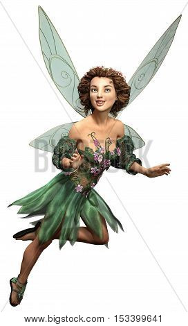 Fairy in green dress flying 3D illustration