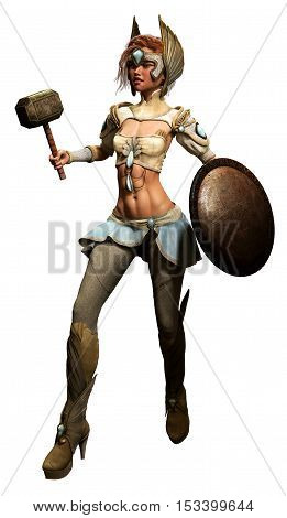 fantasy female warrior with hammer and shield 3D illustration