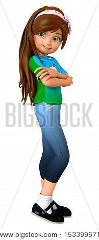 Cute cartoon girl folding arms 3D illustration