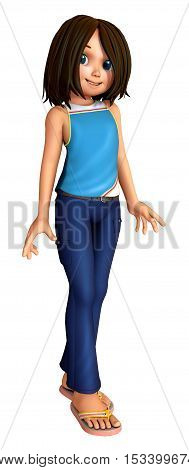 Cute cartoon girl in blue 3D illustration