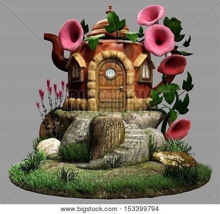 Fairy teapot house with flowers 3D illustration