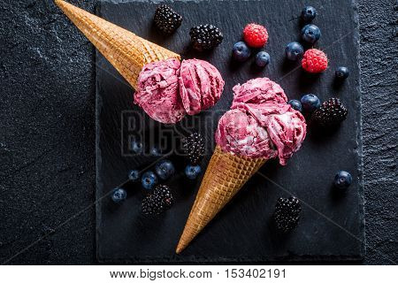 Tasty Berry Fruits Ice Cream In Waffels