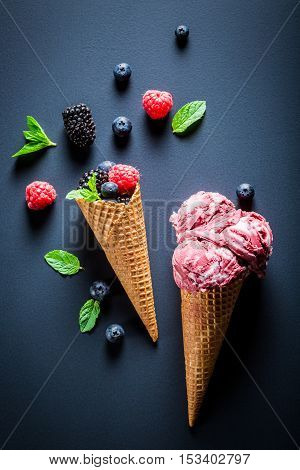 Fresh Berry Fruits Ice Cream In Waffels