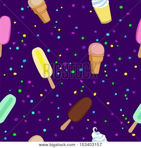 Ice cream and Popsicle party seamless vector pattern. Ice cream, confetti and fun blue seamless background. Ice cream party night.