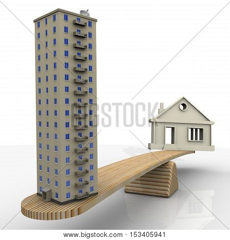 House or apartment. Private house and apartment building weighed on the scales. The concept of comparing the types of housing. Isolated. 3D Illustration