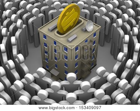 Contribution to the construction or major repairs of apartment building. Symbolic humans surrounded the apartment house stylized as piggy bank with a coin of the US dollar. Isolated. 3D Illustration