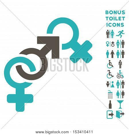 Faith Breach icon and bonus gentleman and female WC symbols. Vector illustration style is flat iconic bicolor symbols, grey and cyan colors, white background.