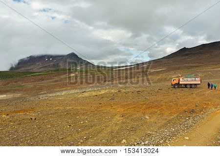 Climbing to the active volcano Mutnovsky on Kamchatka.