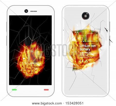 a broken smartphone explosion with burning fire