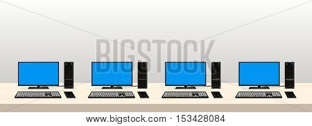 a set of desktop computer at internet cafe