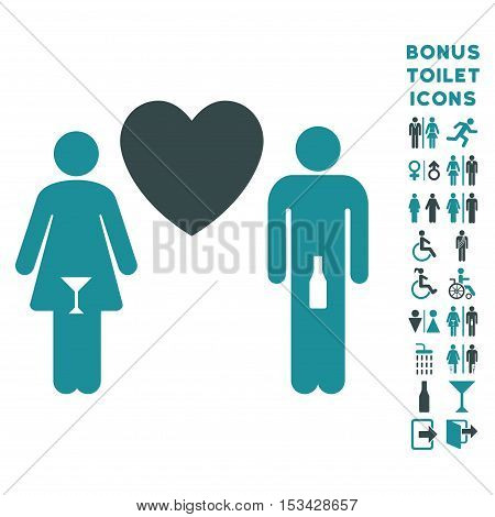 Drunky Love Pair icon and bonus man and lady WC symbols. Vector illustration style is flat iconic bicolor symbols, soft blue colors, white background.