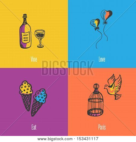 France national symbols. Bottle of vine, heart balloons, dove with cage, ice-cream colored hand drawn doodles vector icons with caption on colored backgrounds. France foods icons. Travel to France symbol concept. Discover France. Elements of ad France