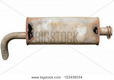 Old car muffler. Front and corrosion damage. Isolated on white background.