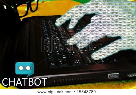 Chat bot concept hand of binary code typing on laptop for chatting.
