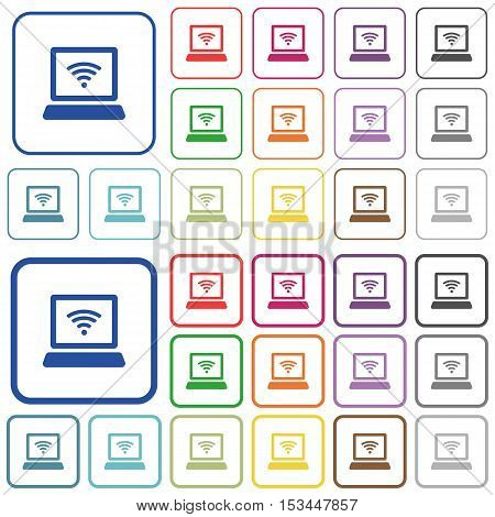 Computer with wireless symbol color icons in flat rounded square frames. Thin and thick versions included.