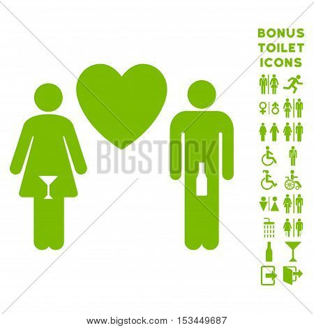 Drunky Love Pair icon and bonus man and female restroom symbols. Vector illustration style is flat iconic symbols, eco green color, white background.