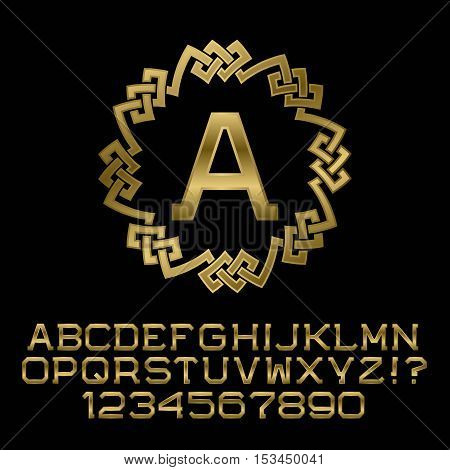 Golden angular letters and numbers with A initial monogram. Beautiful presentable font for logo design. Isolated english alphabet figures.
