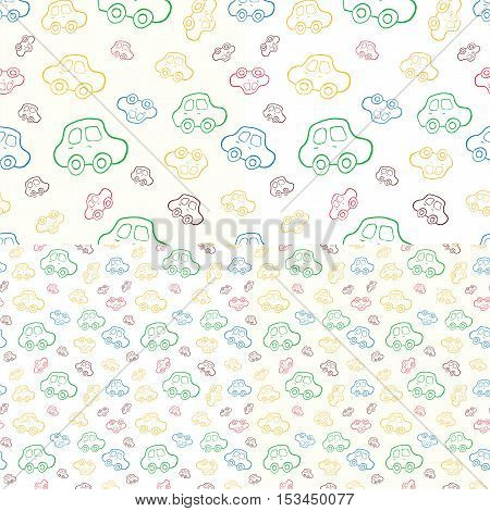 Set of seamless baby boy pattern. Vector boyish background. Pattern with hand drawn cars.