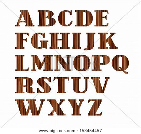 English alphabet, uppercase letters, wood texture, imitation, vector. Vector font, on a white background. Brown letters, imitation wood texture.