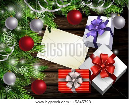 Christmas New Year designt dark wooden background with christmas tree and silver and red balls and wish list with gift boxes