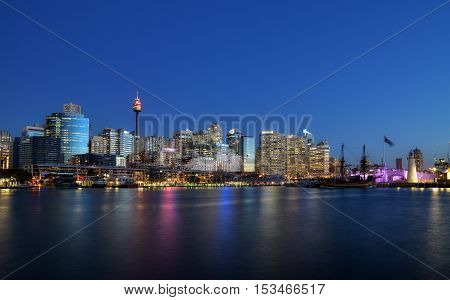 SYDNEY AUSTRALIA - October 26 2015 : Night scene of Darling Harbour adjacent to the city center of Sydney and also a recreational place in Sydney central business district