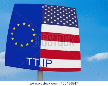 TTIP: USA And EU Flag Road Sign Against A Cloudy Sky blurry cartoon style 3d illustration
