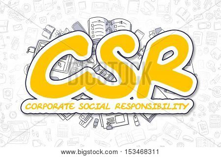 Business Illustration of Csr - Corporate Social Responsibility. Doodle Yellow Text Hand Drawn Doodle Design Elements. Csr - Corporate Social Responsibility Concept.