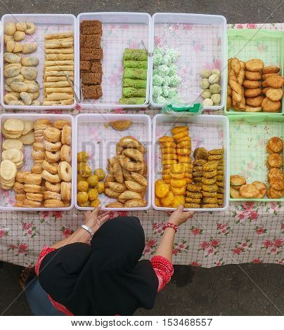 Variety of delicious and colorful Malaysian home cooked local cakes or 