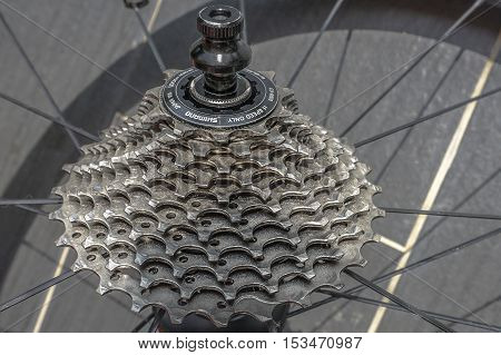 Labuan,Malaysia-Apr 27,2016:A view of road bike Shimano's Ultegra CS-6800 11-speed cassette uses Hyperglide sprockets with revised tooth profiles for reduced wear and lightning quick shifts.