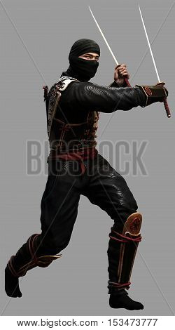 Ninja attacking with two swords  3D illustration
