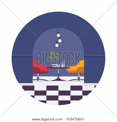 Retro interior with an arch doorway, navy blue walls, checked floor texture in a circle against white background. Cartoon vector flat-style interior illustration