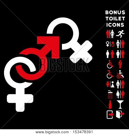 Faith Breach icon and bonus male and woman toilet symbols. Vector illustration style is flat iconic bicolor symbols, red and white colors, black background.