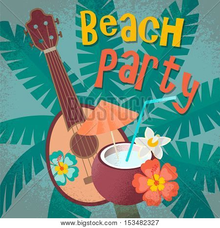 Ukulele and tropical cocktail in a coconut palm tree on the background