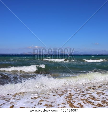 Beautiful view on the Aegean sea from sandy beach in Artemis Attica Greece