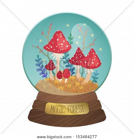 Autumn Glass Ball With Mushroom, Fireflies And Floral Elements. Vector Illustration For Fairy Tales.