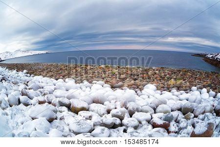 Beach with big round stones on the coast of the Barents Sea Arctic