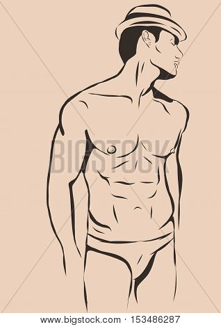 Muscular man in swimming trunks and hat Vector illustration, isolated on white background. EPS