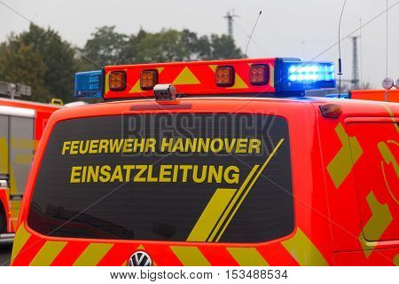 HANNOVER / GERMANY - OCTOBER 25 2016: german firefighting truck stands on freeway a2 by a truck crash near Hannover.